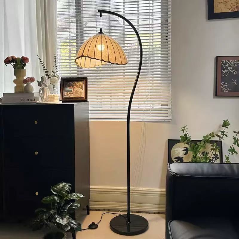 internet-famous and vintage s-shaped crescent floor lamp silent wind mid-ancient dining-room lamp homestay hotel bedroom fabric craft decorative lamp details Picture