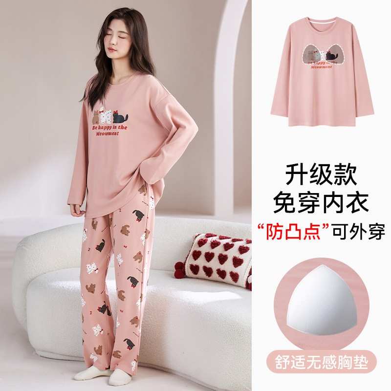 women's cotton pajamas with chest pad spring and autumn 2025 new long sleeve all cotton loose home wear cute cartoon suit full figure
