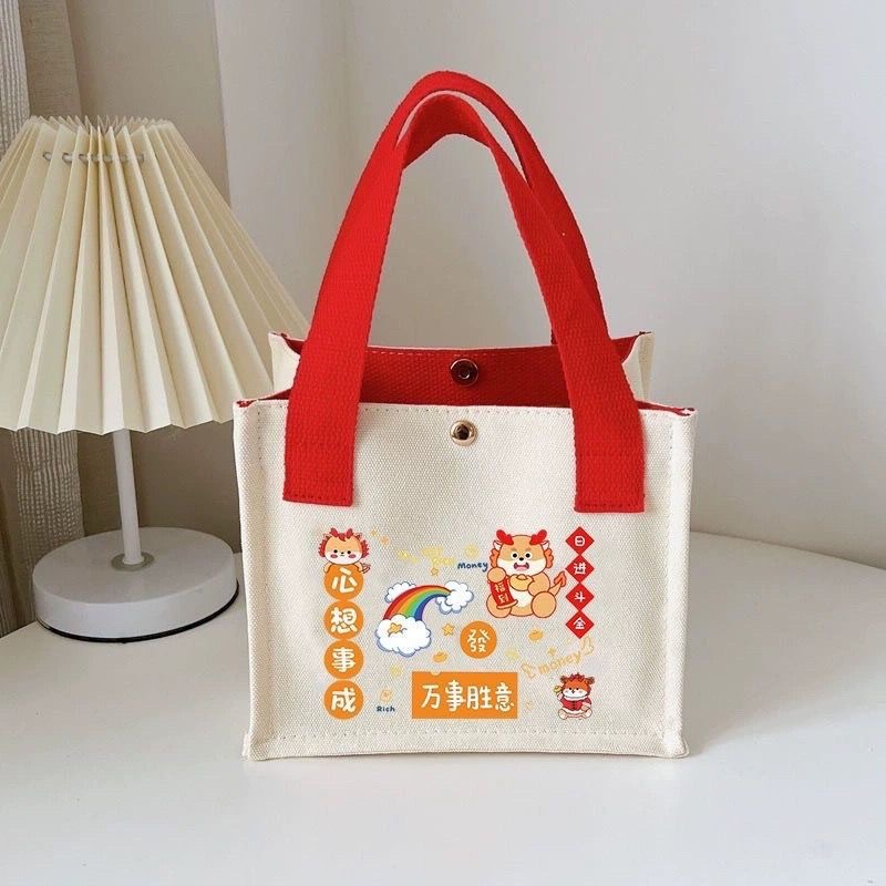 new canvas bag lucky persimmon handbag small square bag fashion casual cute lunch bag handbag hand bag Specification drawing