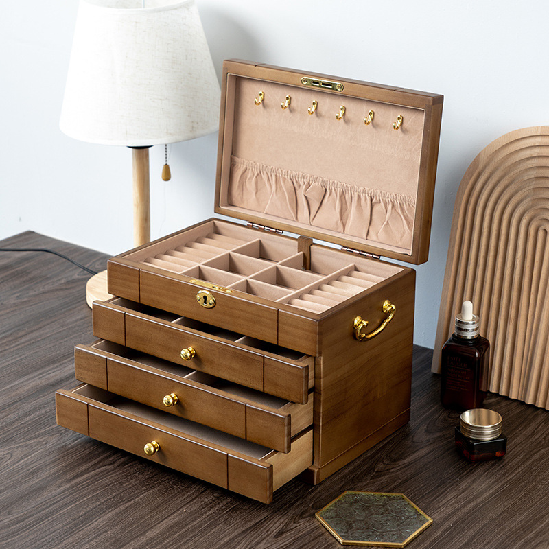 solid wood jewelry box vintage organizer box with lock necklace earring ring finishing wooden storage jewelry box exquisite details Picture