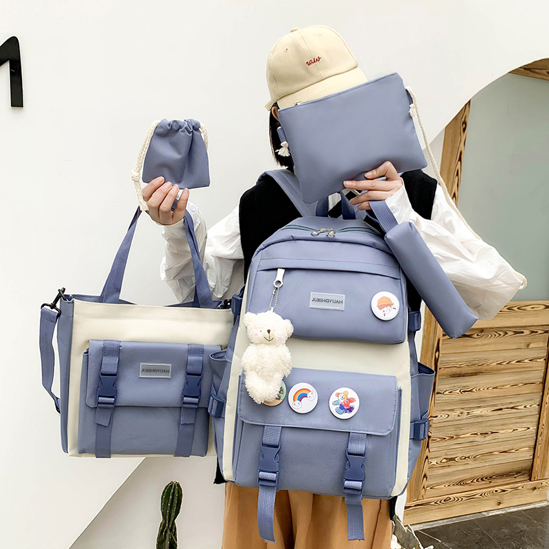 new five-piece schoolbag female korean primary school student high school student large capacity fresh and stylish backpack full figure