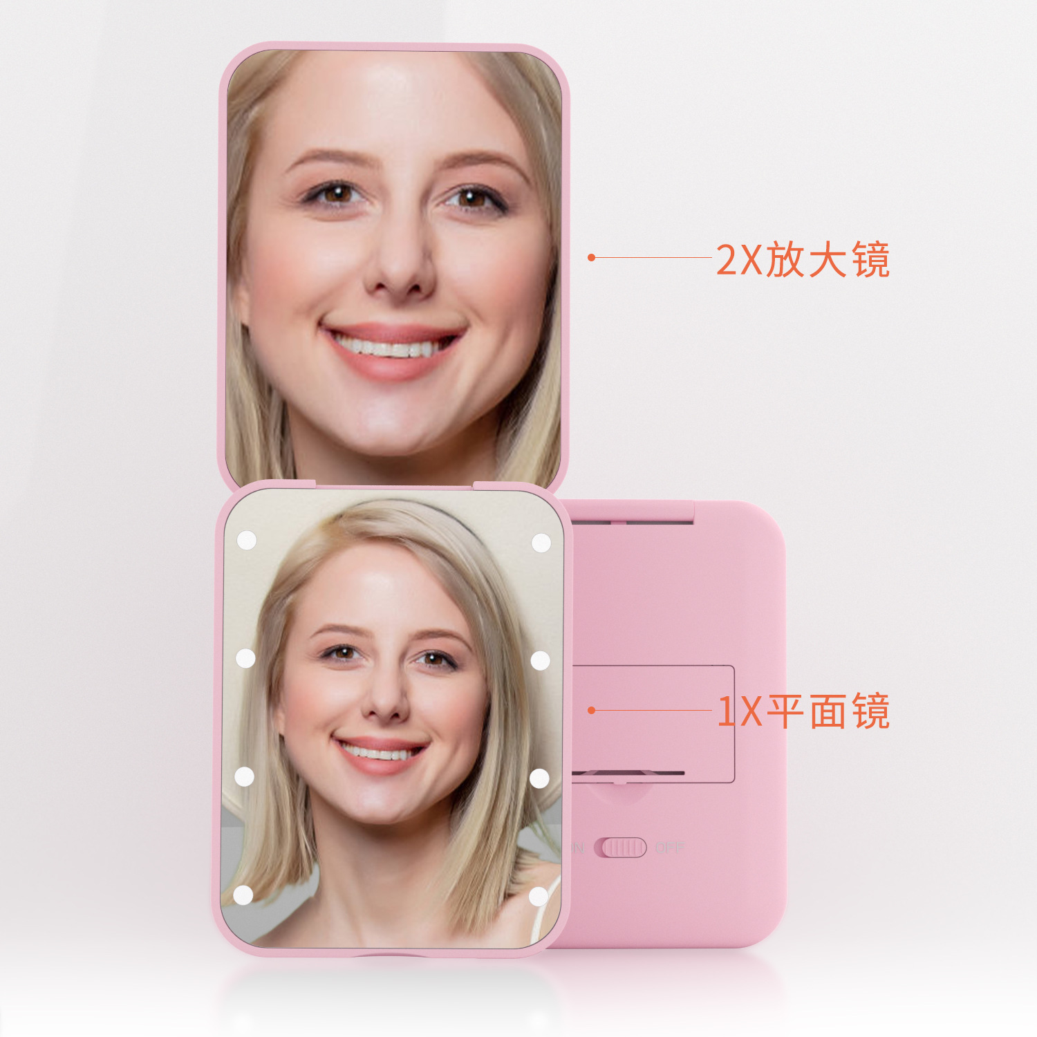 direct selling portable handheld folding cosmetic mirror led light 8 lamp beads 2 times enlarged battery mirror gift wholesale details Picture