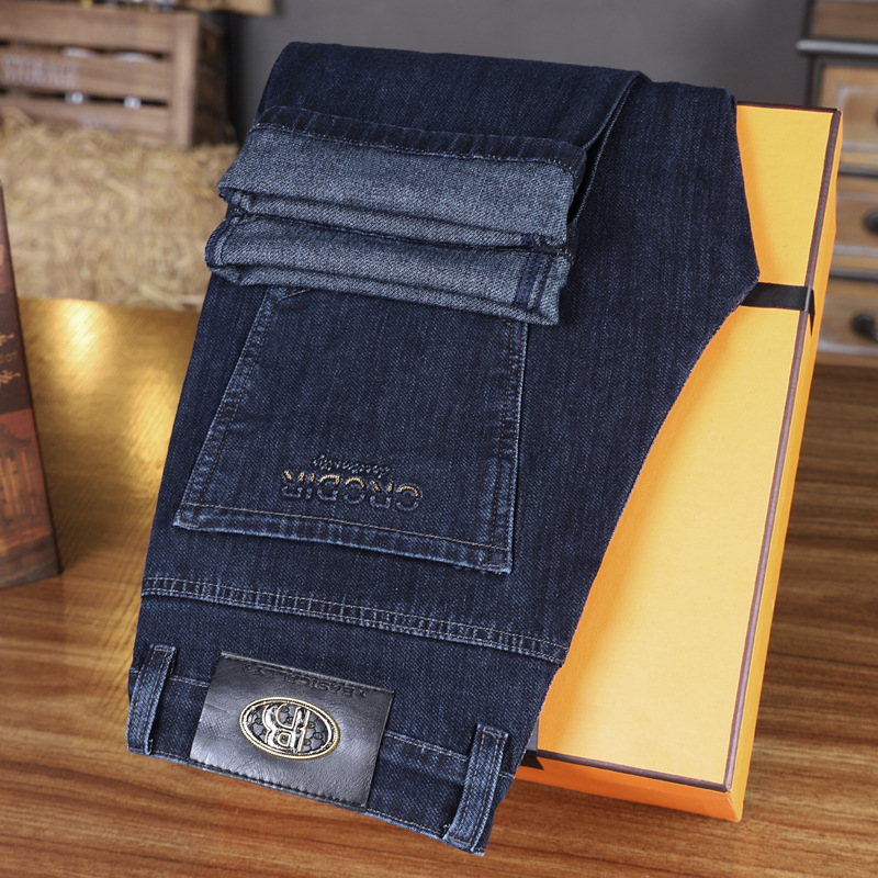 2025 autumn and winter new high-end jeans men's straight loose elastic business casual pants green middle-aged men's pants full figure