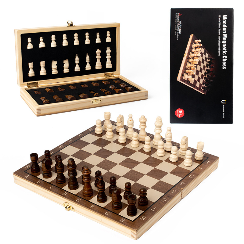 cross-border wooden magnetic chess walnut color two-in-one folding chess adult and children competitive educational toys Item Picture