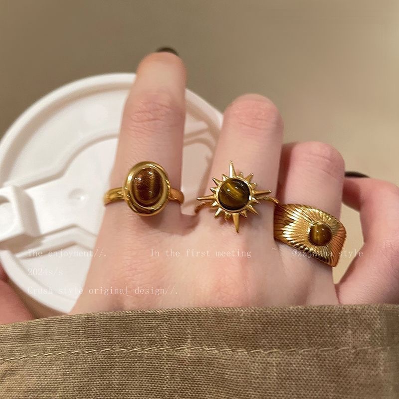 gold tigereye open ring for women special-interest design fashion retro index finger ring light luxury high-grade mid-ancient ring Specification drawing
