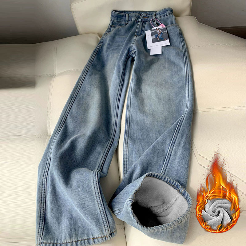 mop keep warm high waist jeans women's thickened fleece straight loose narrow version retro wide leg all-matching long pants winter Specification drawing