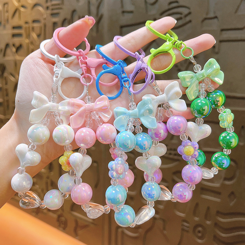 creative fresh candy color plating color beaded keychain bow love key chain bag small pendant supply Application Scenario