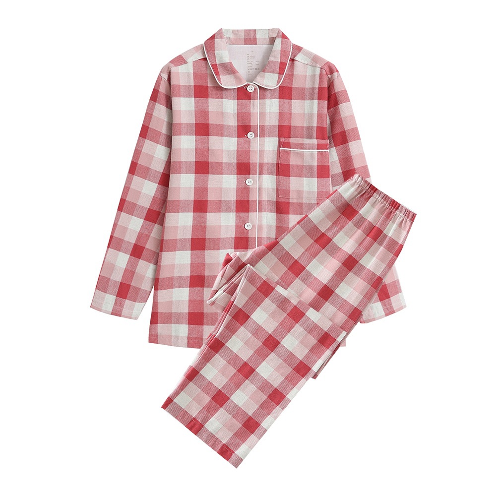 non-printed japanese style autumn and winter non-printed home wear cotton brushed flannel cotton pajamas men and women long-sleeve suit full figure