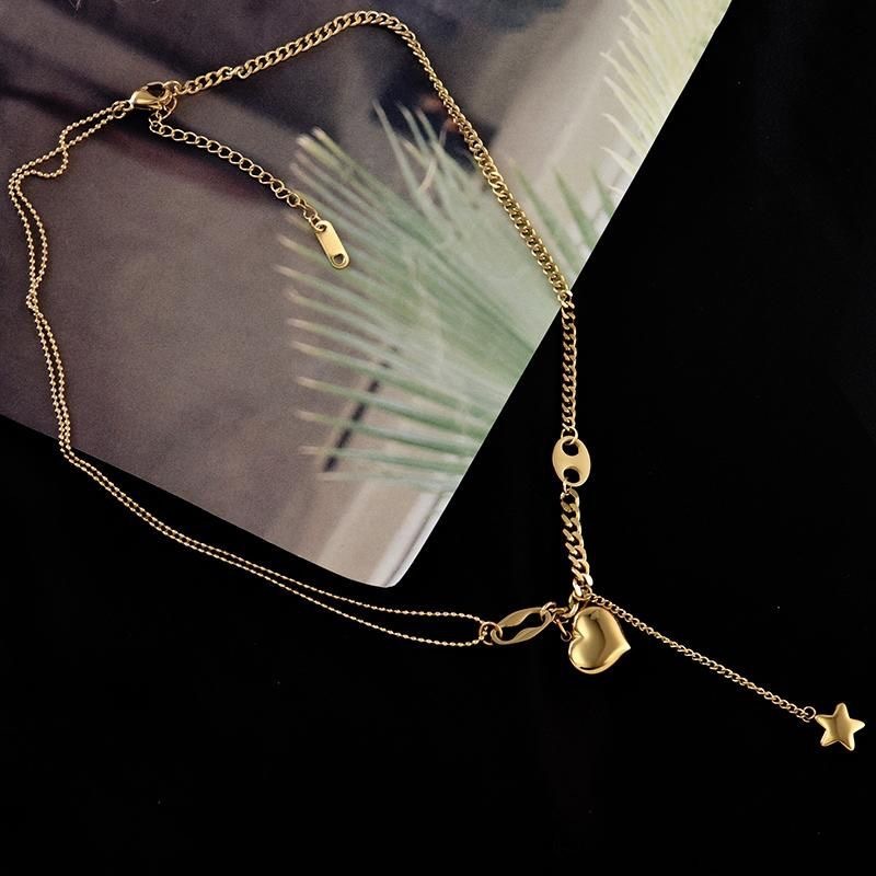 新款小星星爱心流苏项链金色简约气质钛钢项链女复古锁骨细链饰品产品图