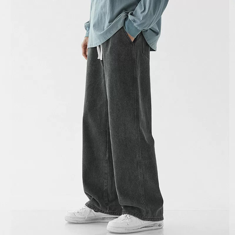 light blue elastic waist jeans men's large size loose straight wide leg casual all-match mop drawstring long pants Item Picture