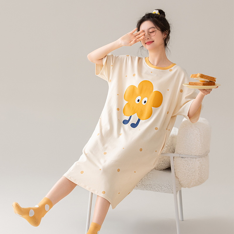 pure cotton nightdress women's summer 2025 new summer pajamas short-sleeved thin sweet girl's dress round neck details Picture