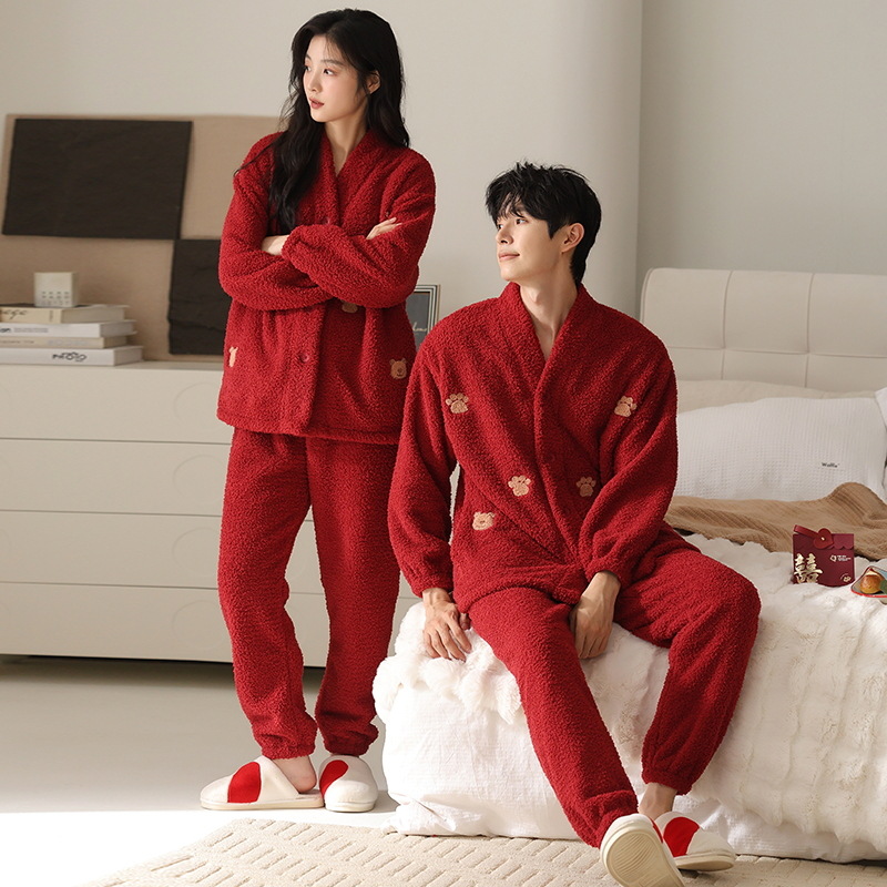 lushi winter thickened couple coral velvet pajamas suit female wedding celebration birth year big red homewear men full figure