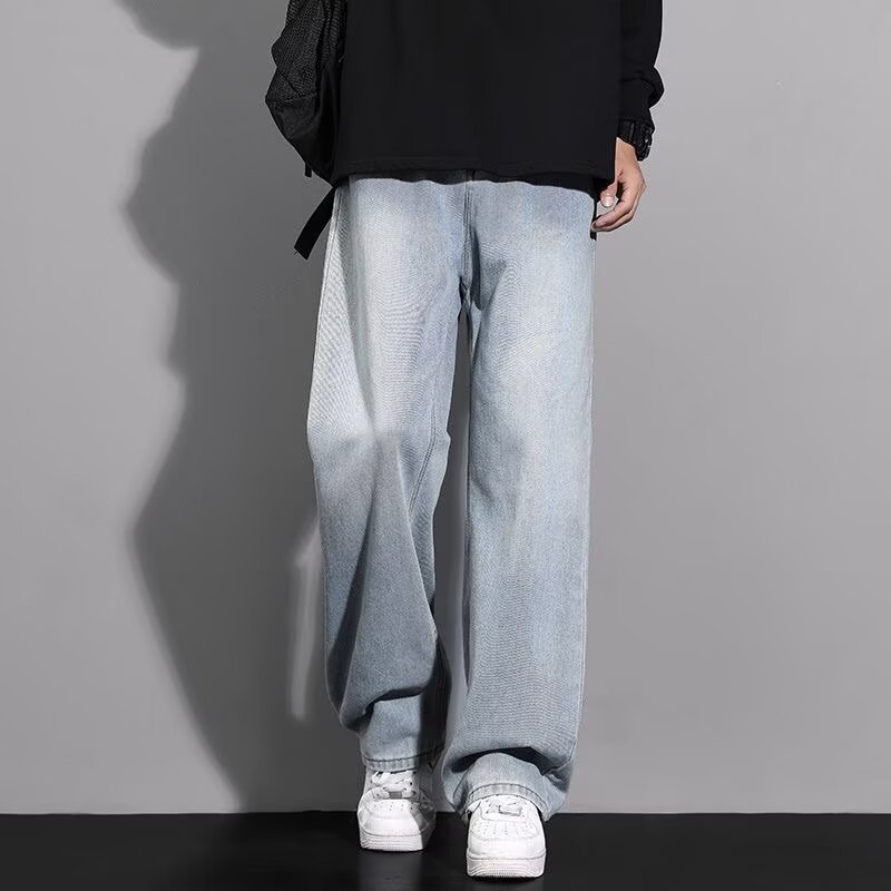 american retro washed worn jeans men's spring and autumn new straight elastic waist loose high street men's trousers details Picture