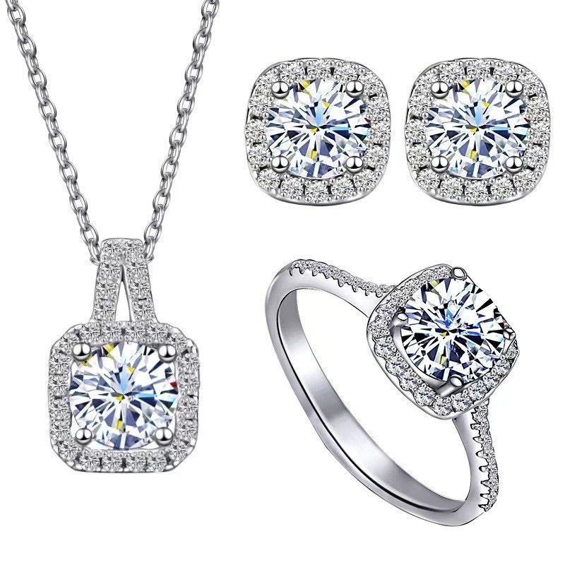 cross-border hot sale square bag diamond necklace ring female 1 karat ear studs ring clavicle chain tik tok live stream supply full figure