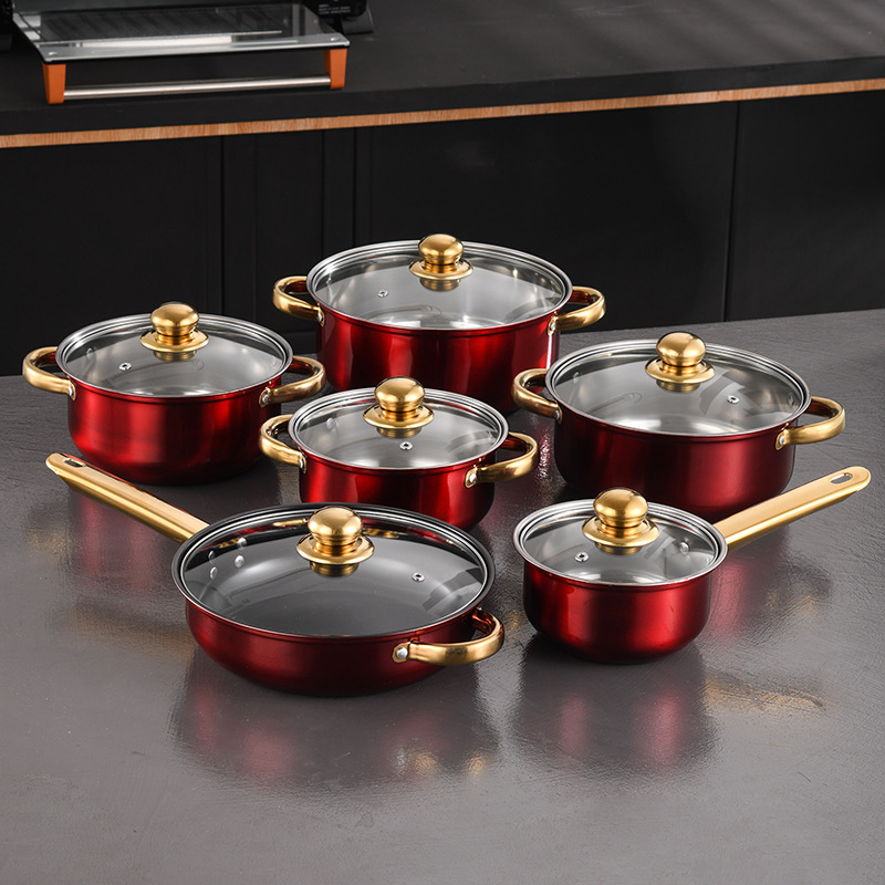 cross-border pot set color stainless steel pan non-stick pan fryer set soup pot household 12-piece set Item Picture