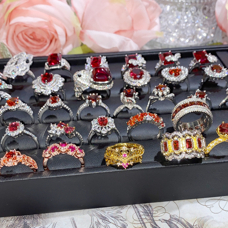 camellia luxury colored gems imitation ruby ring female medieval design lady dinner party red corundum all-match earrings Specification drawing