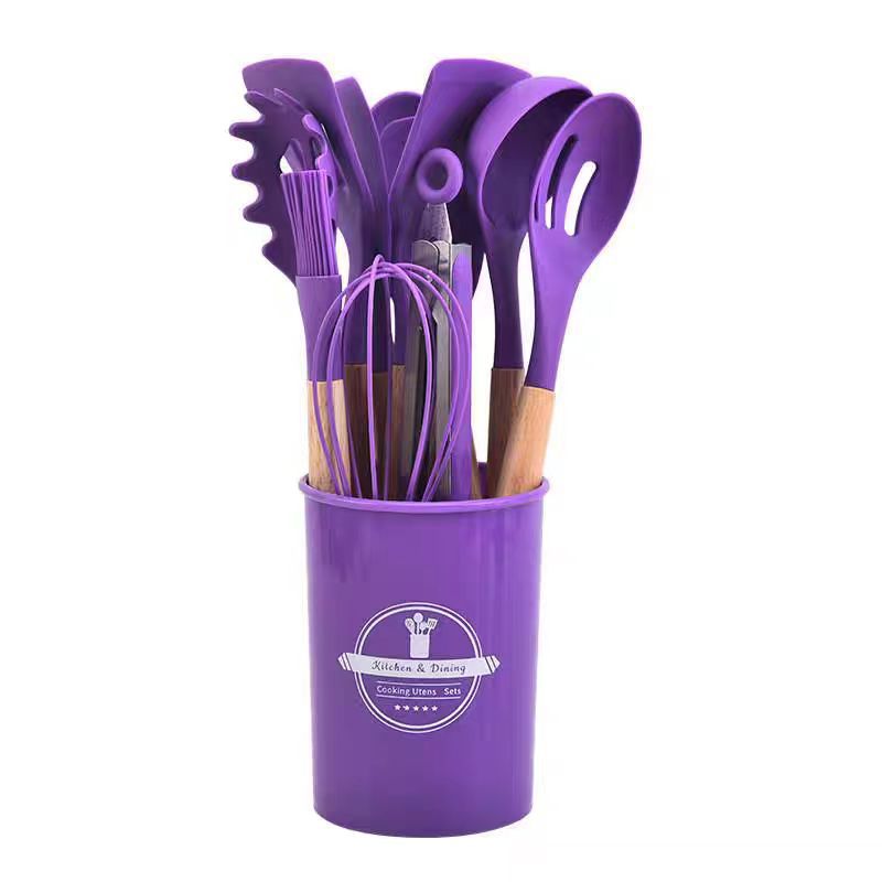 cross-border silicone kitchenware 12-piece set kitchen non-stick pan cooking spatula blackhead removal peeling wooden handle barrel kitchen tools suit Application Scenario