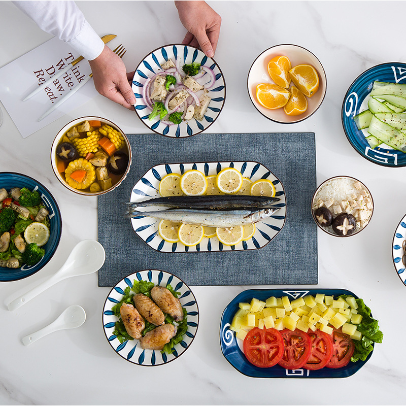 japanese style bowl dish & plate tableware set household jingdezhen underglaze ceramic fish plate wholesale noodle bowl soup bowl Application Scenario