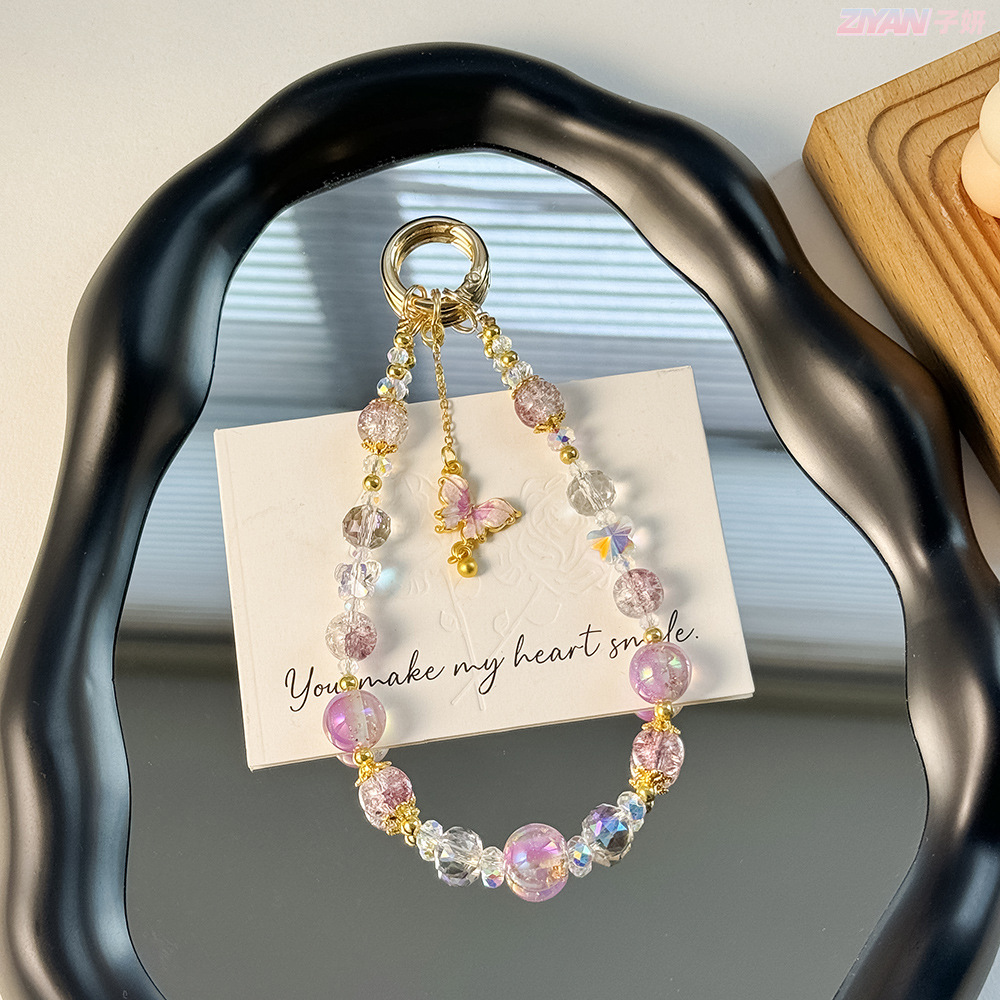 affordable luxury style original beaded popcorn crystal beads mobile phone charm alloy butterfly high sense gold beads key chain details Picture