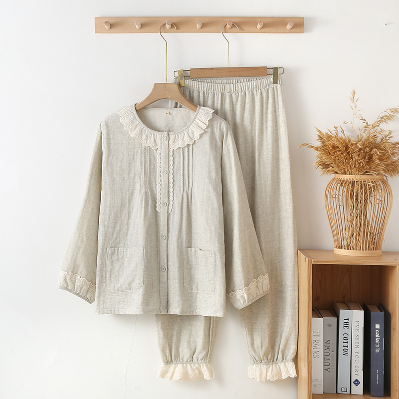 spring and autumn cotton gauze pajamas women's sweet cute lace thin long sleeve outerwear homewear suit Specification drawing