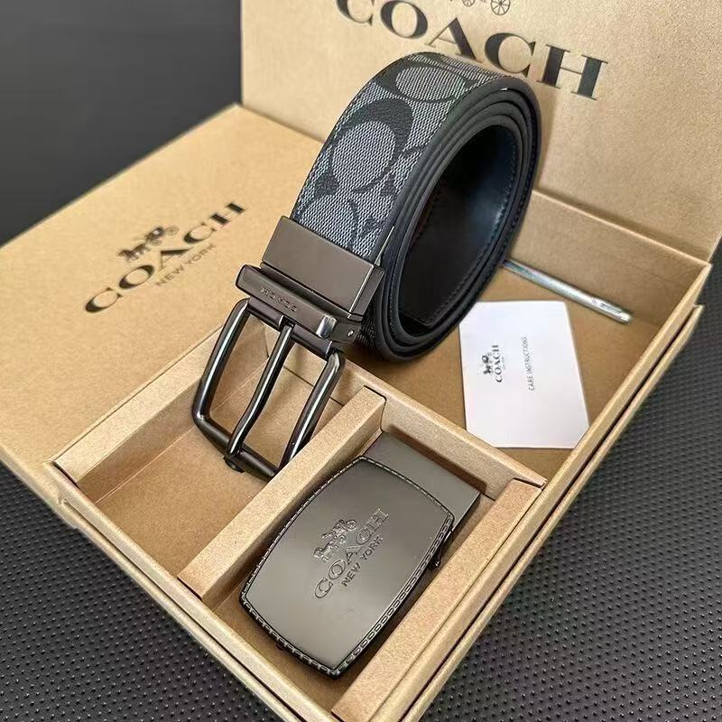new high-end koujia belt business c pattern double buckle double-sided embossed pant belt gift box men's genuine leather casual belt Item Picture