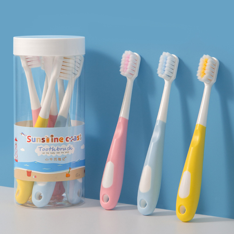 yangzhou calf adventures children's toothbrush wholesale square hole dense hair soft-bristle toothbrush 3-12 years old barrel 6 pcs full figure