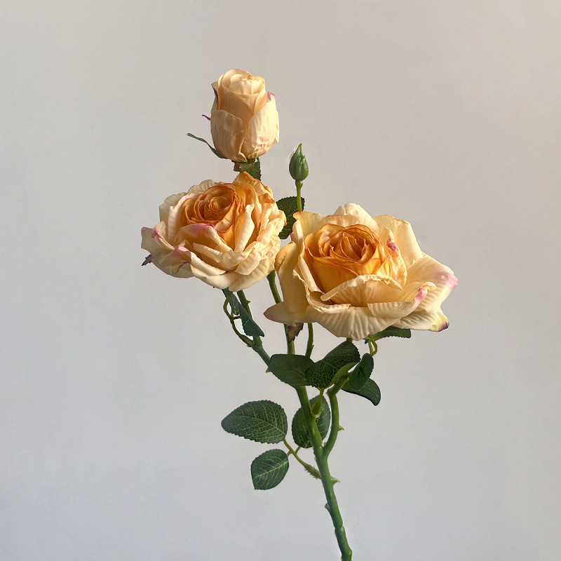 french artificial flower single stem 3-head burnt edge rose vintage home living room decorative fake flower dried flowers bouquet high sense details Picture