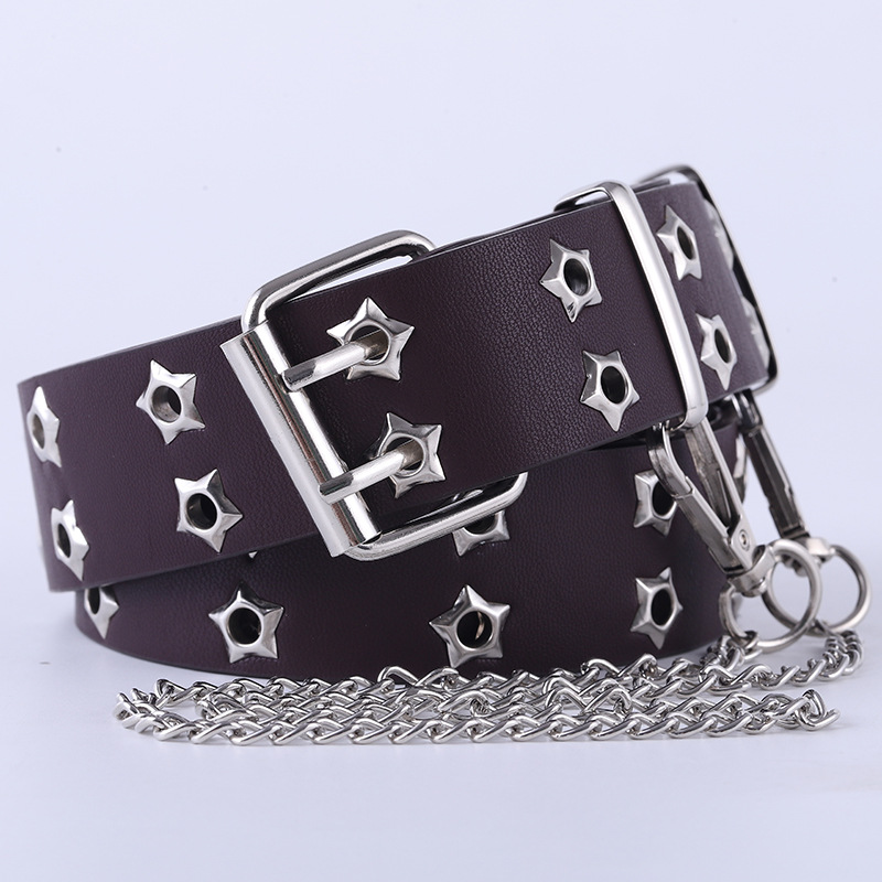 strict selection korean style hollow punk casual belt women's fashion xingx eyelet decoration double row belt women's details Picture