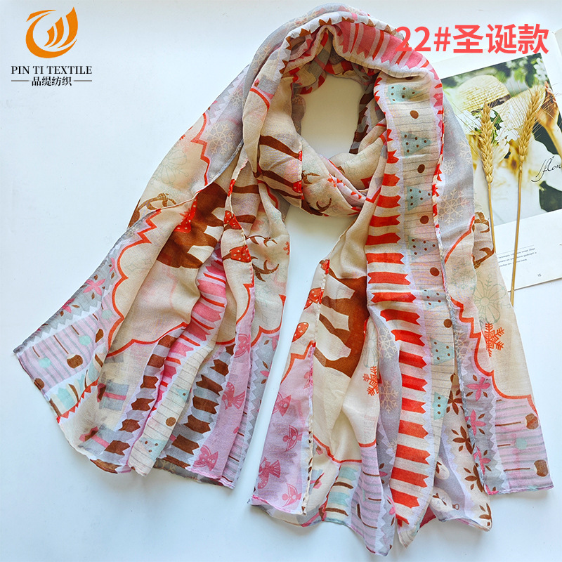 european and american christmas red and green snowman printing bali yarn scarf mid-length sunscreen beach towel wholesale pattern scarf details Picture