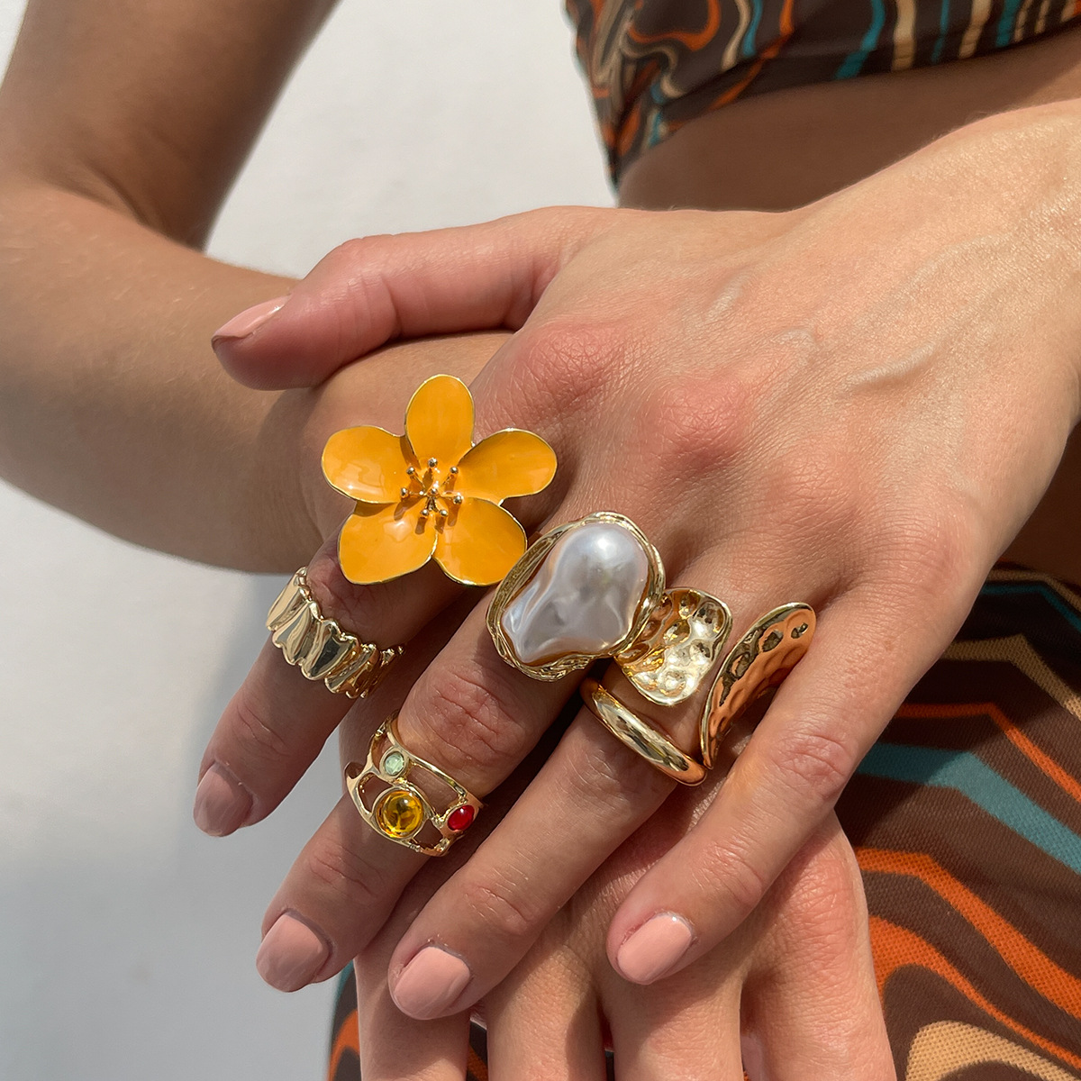 europe and america cross border design liquid lava flower open ring ins baroque imitation pearl inlaid jewel ring Application Scenario