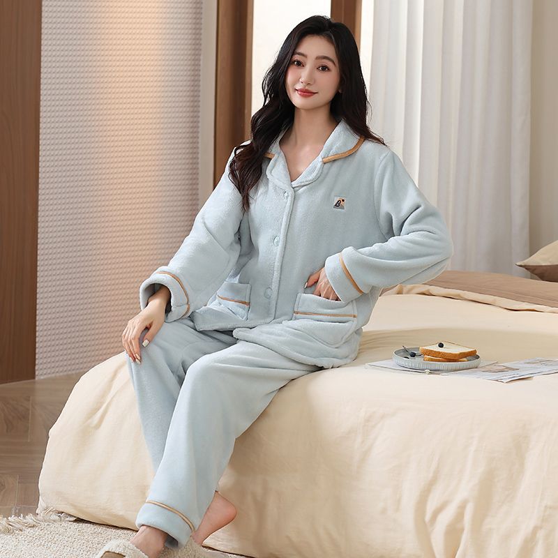 [strict selection] 300g flannel pajamas women's suit autumn and winter warm thickening cardigan long sleeve homewear outerwear Specification drawing
