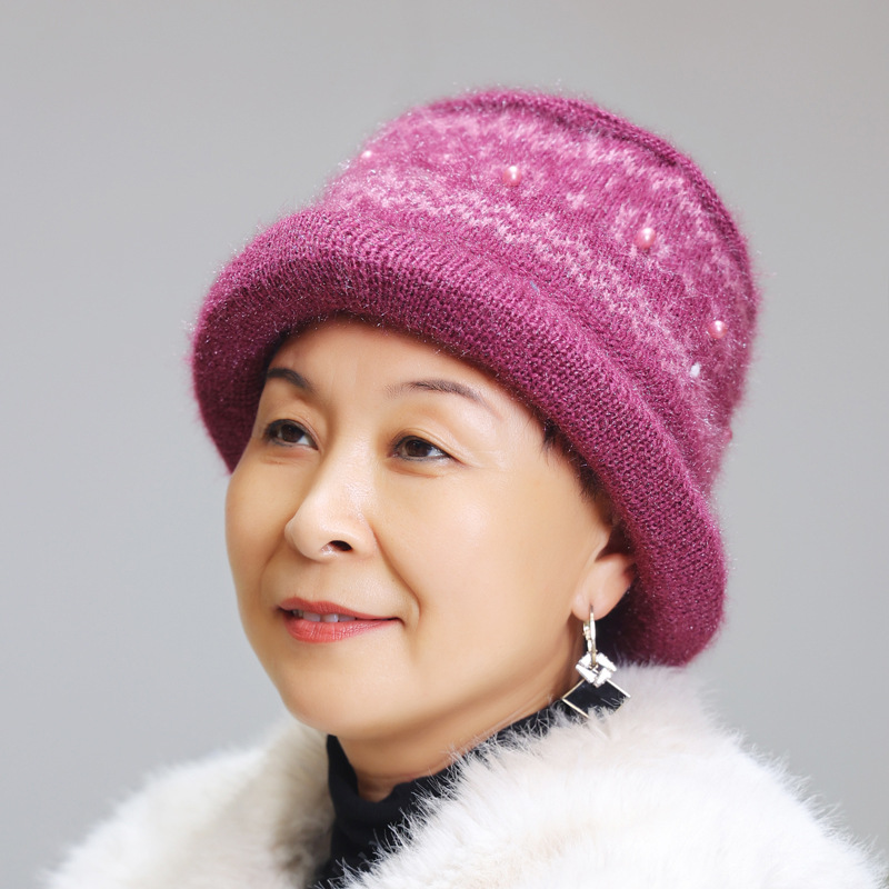 2025 winter new hat female middle-aged and elderly moms' hat fleece-lined warm wool knitted hat old lady hat manufacturer Specification drawing