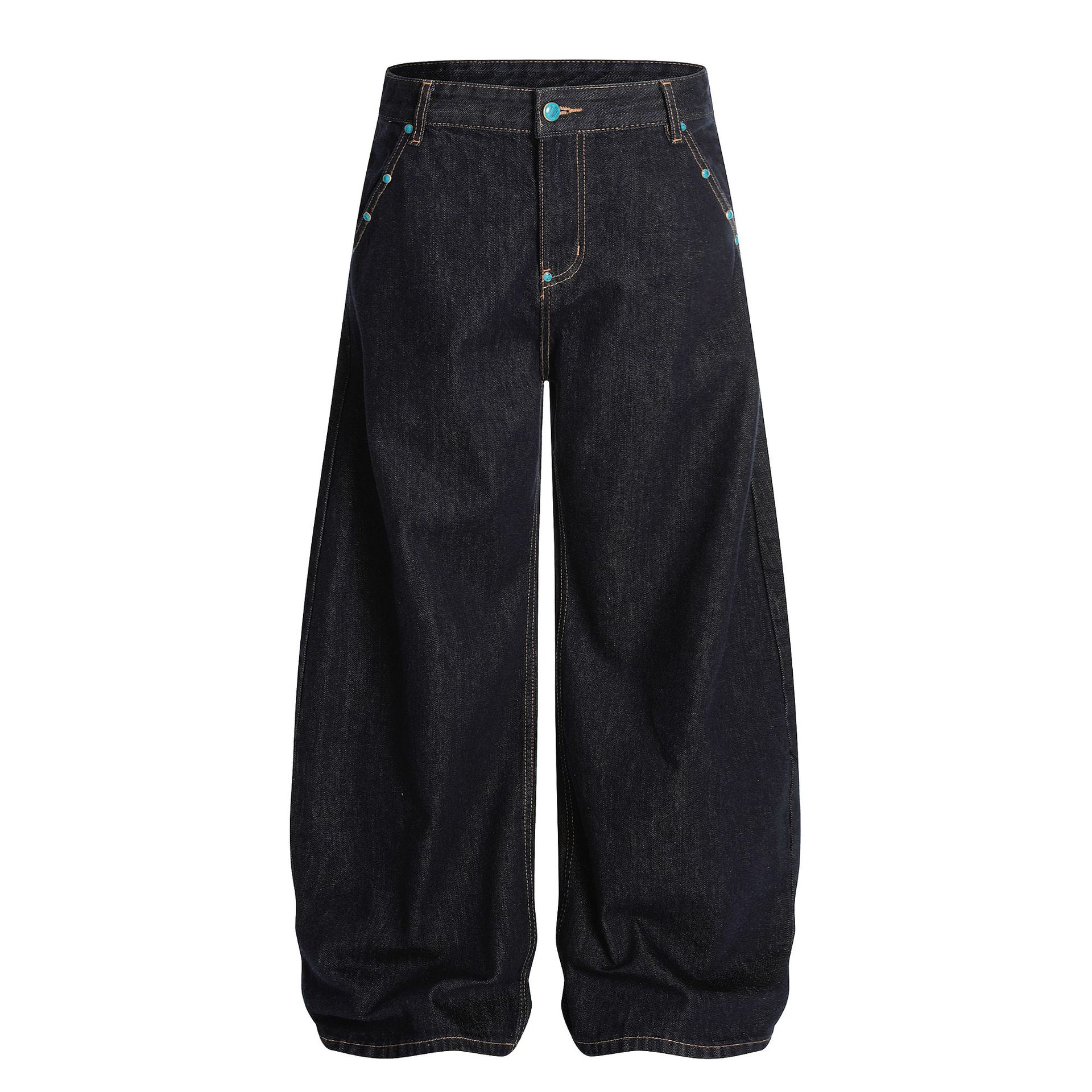 g6803 american high street men's and women's high-grade retro turquoise original cow design men's loose machete jeans Specification drawing
