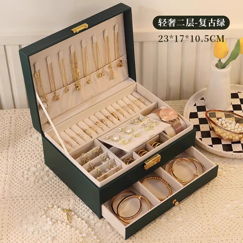 high-end three-layer jewelry box necklace earrings jewelry high quality leather large capacity multi-layer drawer ornament storage box details Picture
