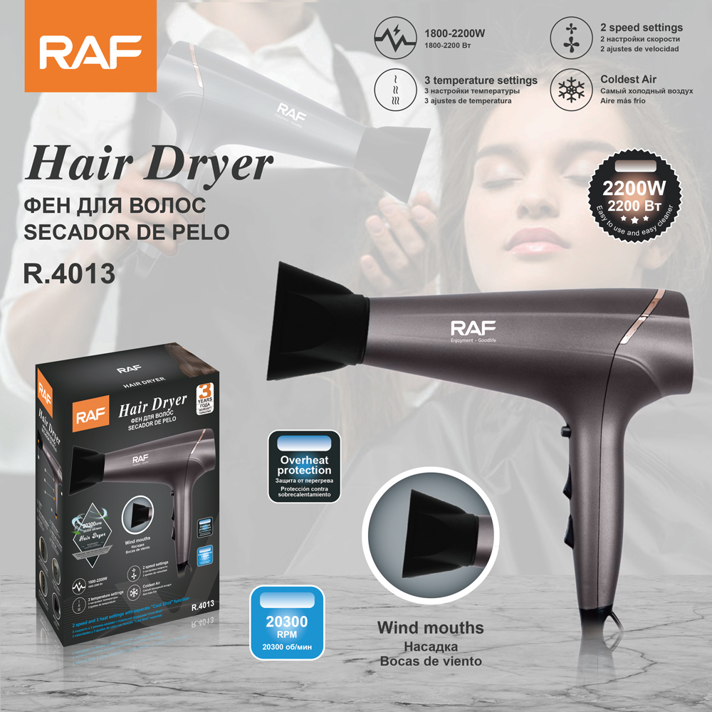 RAF European standard hair dryer 2200W hot and cold air hair dryer, high-power household hotel hair dryer, hair salon hair dryer pic 3