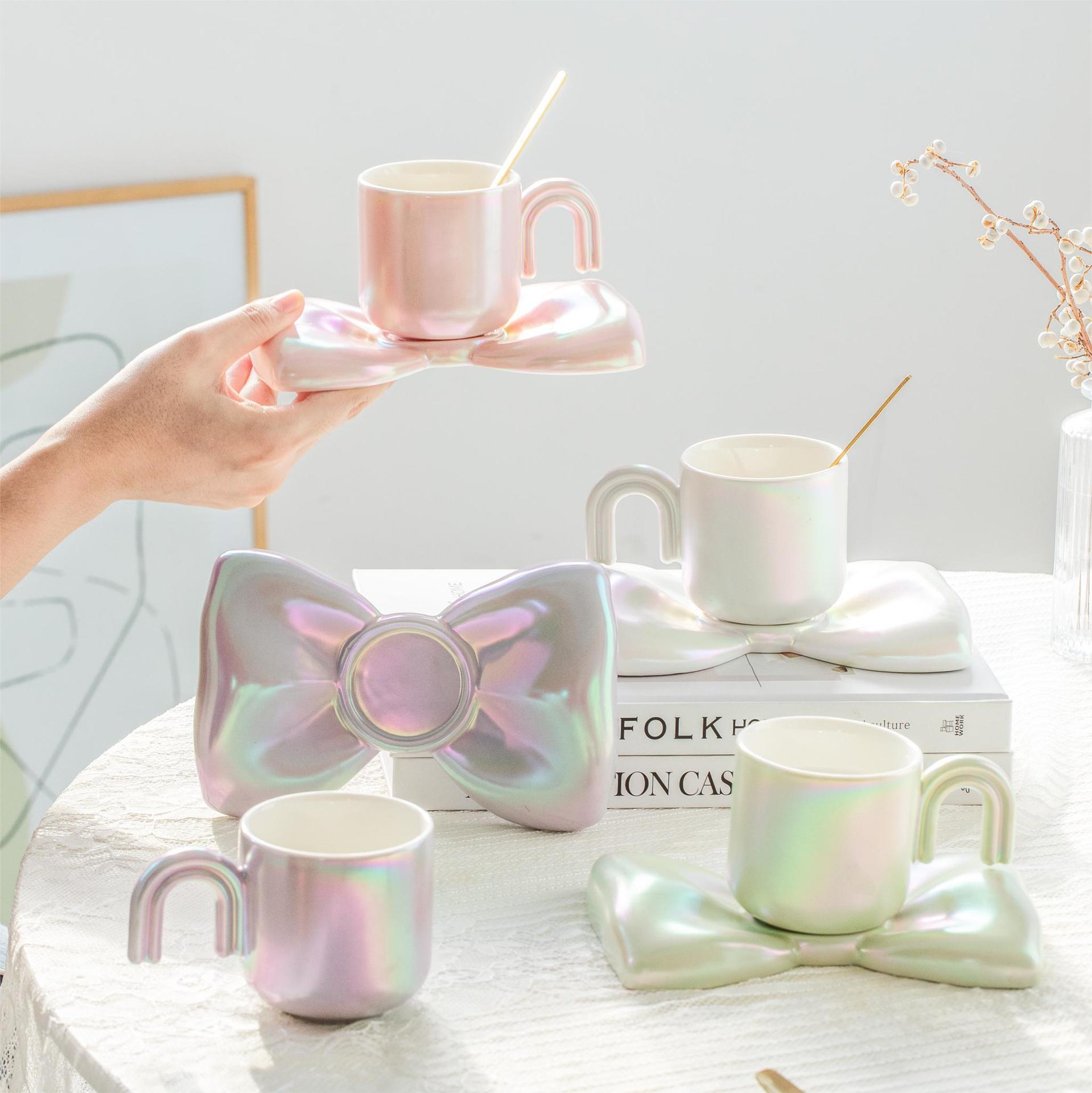 creative electroplating beads bright bow coffee set ceramic ins style cup three-dimensional mug couple water cup Specification drawing