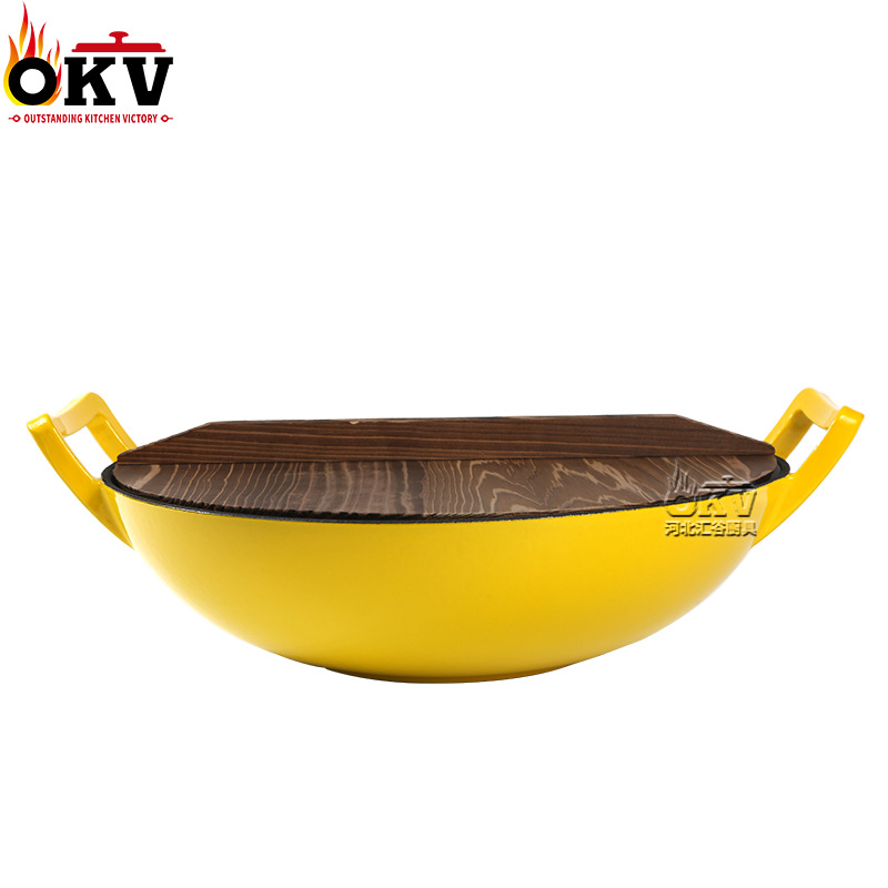 enamel enamel 36cm wok double-ear cast iron thickened one pot universal with wooden lid cast iron wok pan details Picture