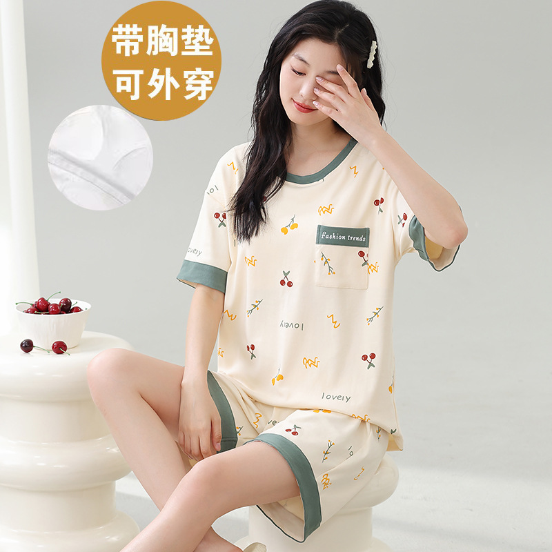 women's cotton pajamas with chest pad summer short sleeve thin homewear suit cute cartoon casual suitable for daily wear suit details Picture