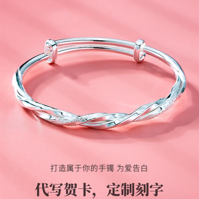 pure silver s999 sterling silver square lucky silver bracelet female young simple solid push-pull bracelet gift 520 details Picture