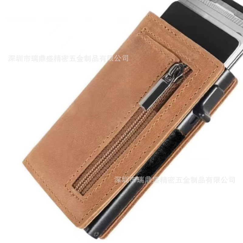 new leather wallet for man automatic pop-up credit card box ultra-thin rfid anti-theft card swiping bag metal card holder full figure