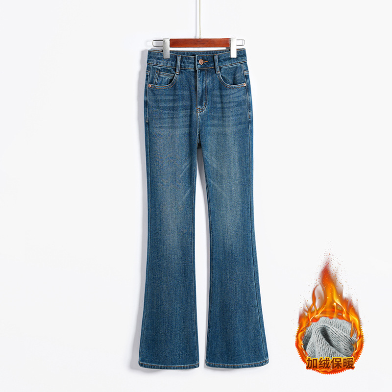the style is perfect! autumn and winter fleece-lined trousers high quality slim fit jeans small slimming bootcut pants 509 details Picture