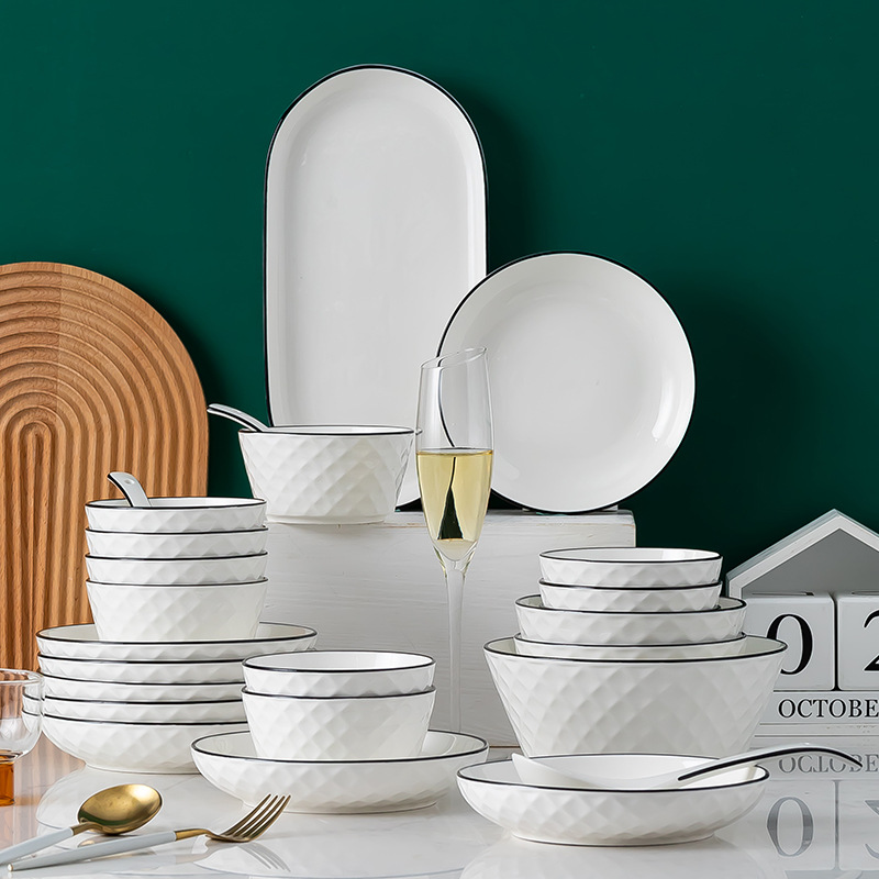 dishes wholesale creative ceramic rice bowl household big soup bowl noodle bowl plate set tableware set gift diamond pattern full figure