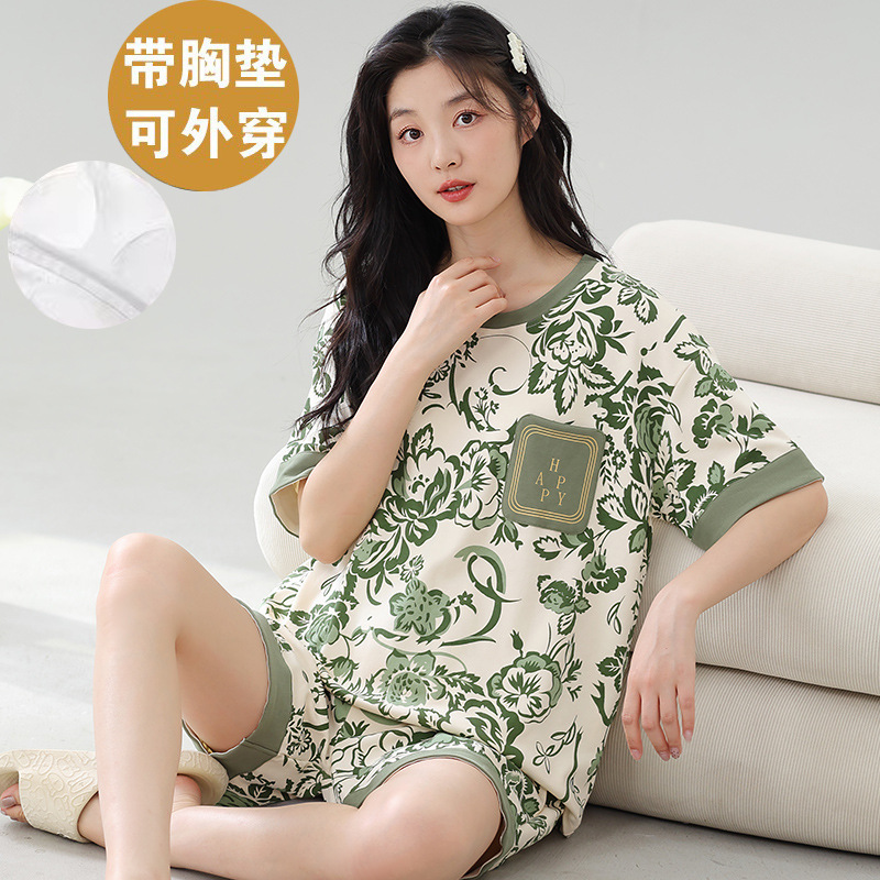 women's cotton pajamas with chest pad summer short sleeve thin homewear suit cute cartoon casual suitable for daily wear suit Item Picture