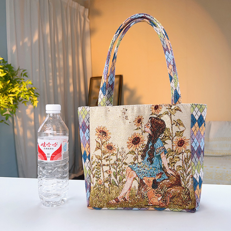 rhombus canvas bag double-sided gold silk embroidery fashion handbag daily portable hand bag lunch bag for work Application Scenario