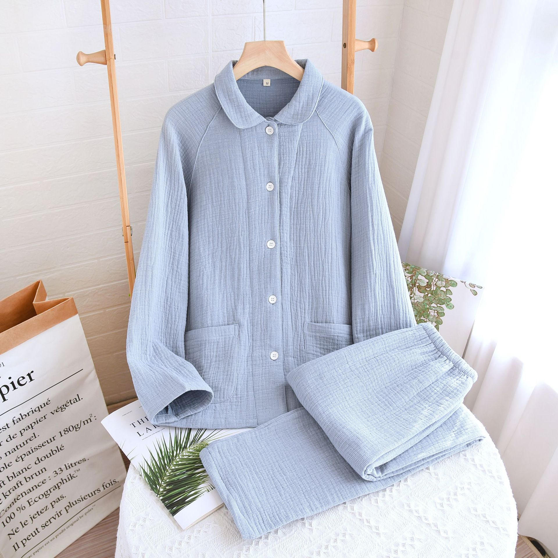 spring, autumn and winter cotton four-layer gauze couple's pajamas sets plus size home wear long sleeve trousers crepe cotton suit full figure