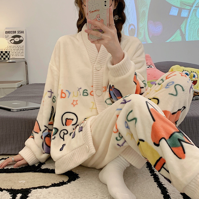 peach bear bowknot printed coral fleece crescent warm suit winter comfortable thermal pajamas homewear for women full figure