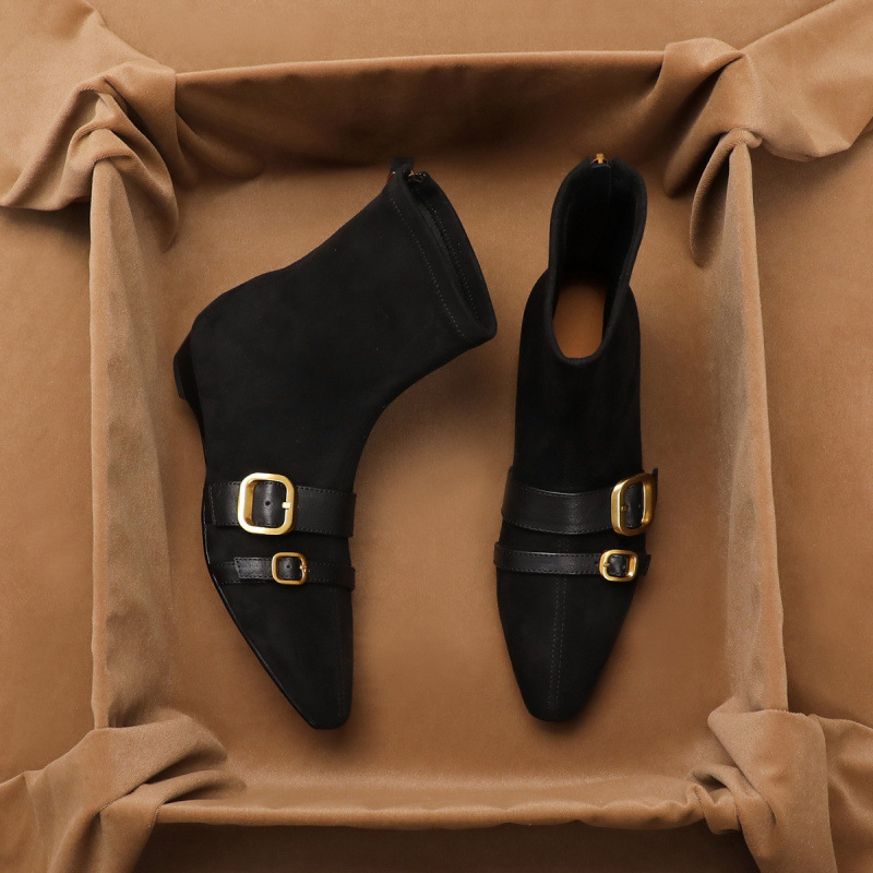 sheepskin vintage belt buckle thin short boots women's back zipper stretch boots wedge skinny boots square toe martin boots Item Picture