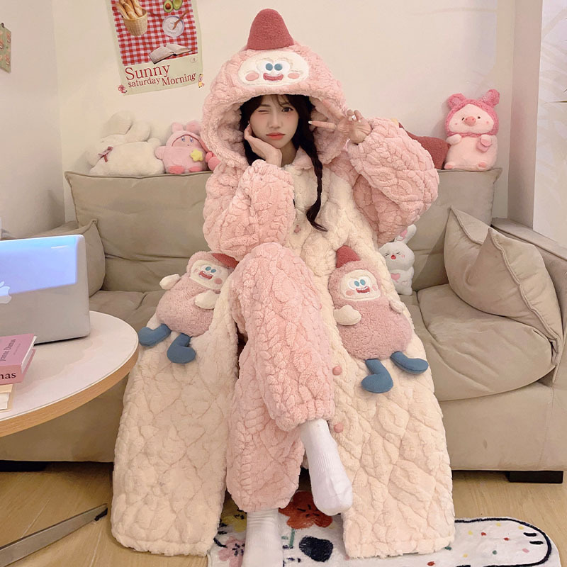 three-layer quilted pajamas women's autumn and winter fleece-lined thick coral fleece hooded nightgown cute bathrobe winter home wear Specification drawing