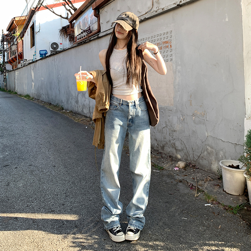 light-colored straight narrow jeans for women 2025 autumn new american loose all-matching slimming wide-leg pants full figure