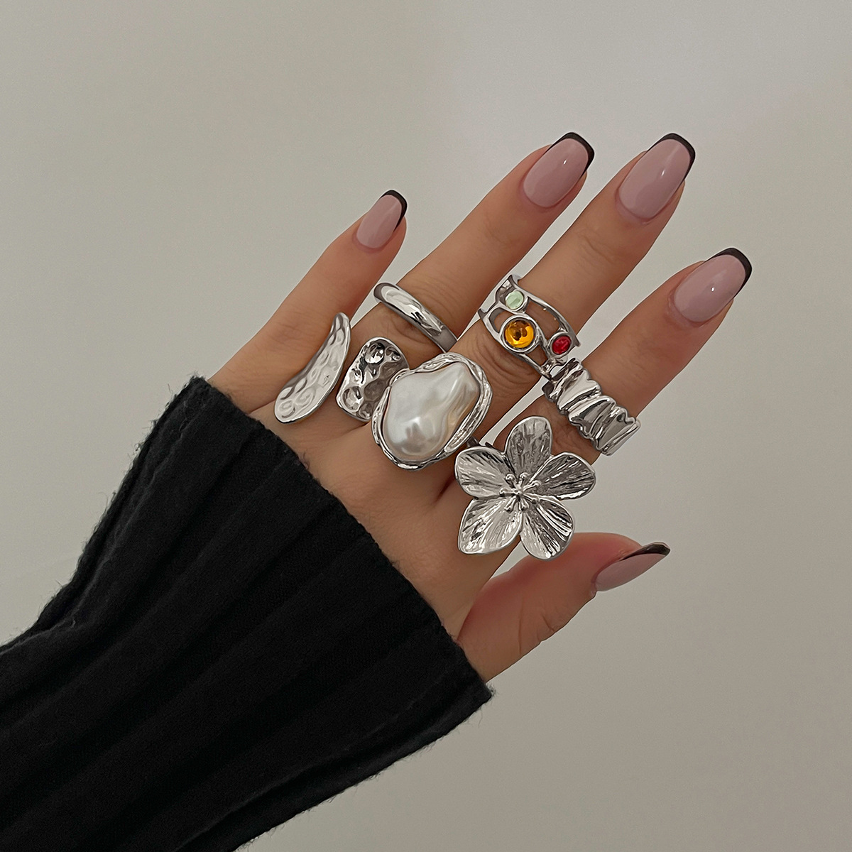 europe and america cross border design liquid lava flower open ring ins baroque imitation pearl inlaid jewel ring Item Picture